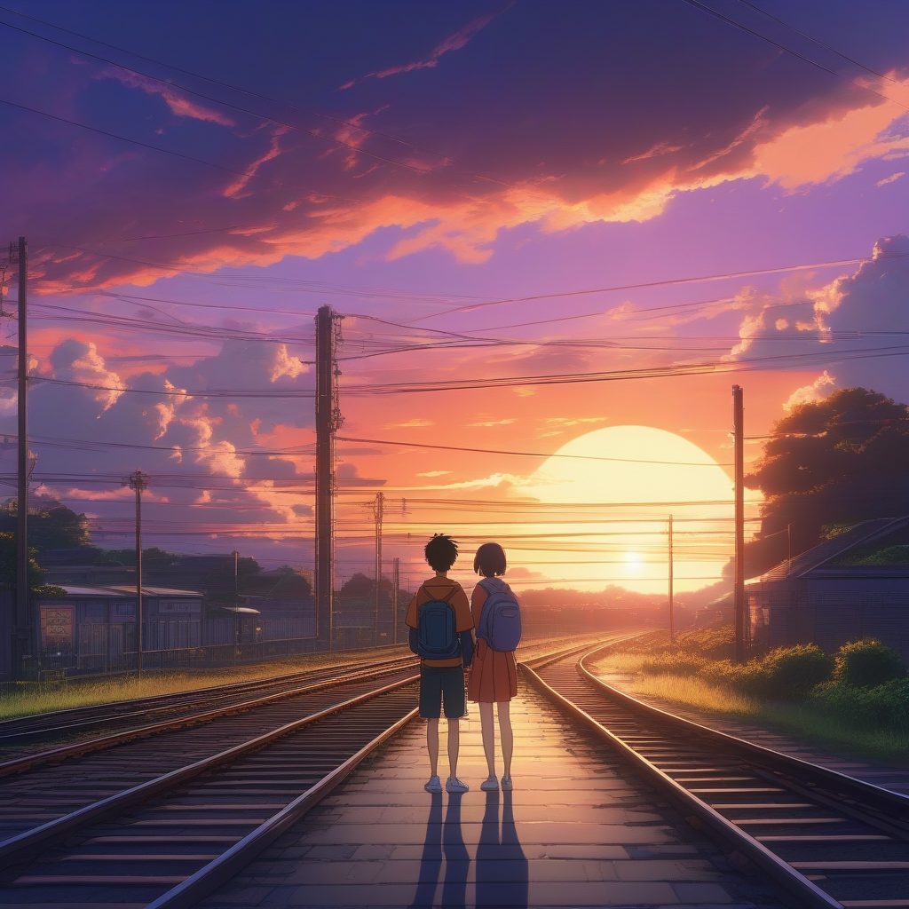 新海诚风格云海列车：夕阳下的铁路道口与情侣（治愈系）