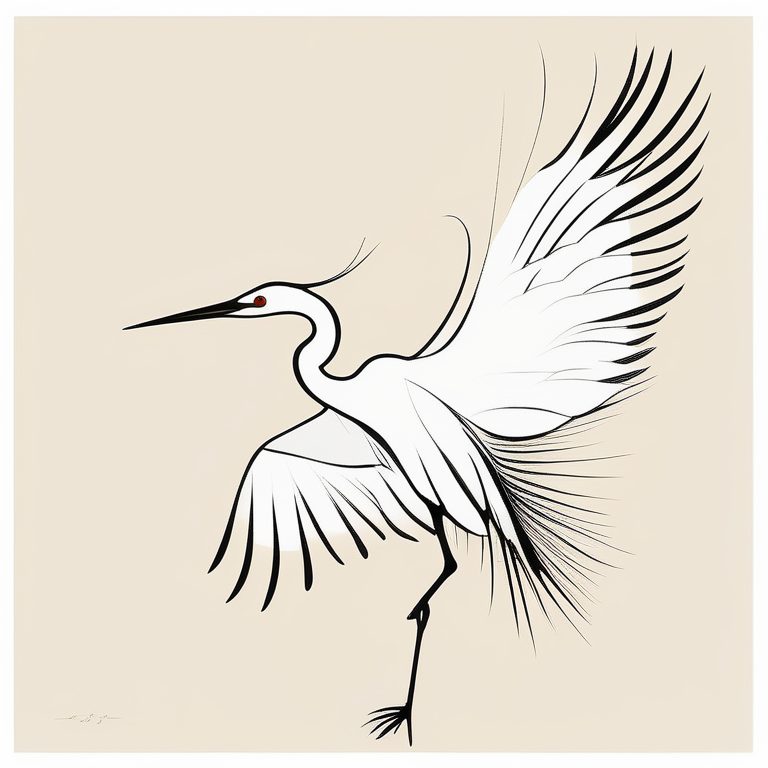 新日式水墨插画:一只展翅的白鹭
