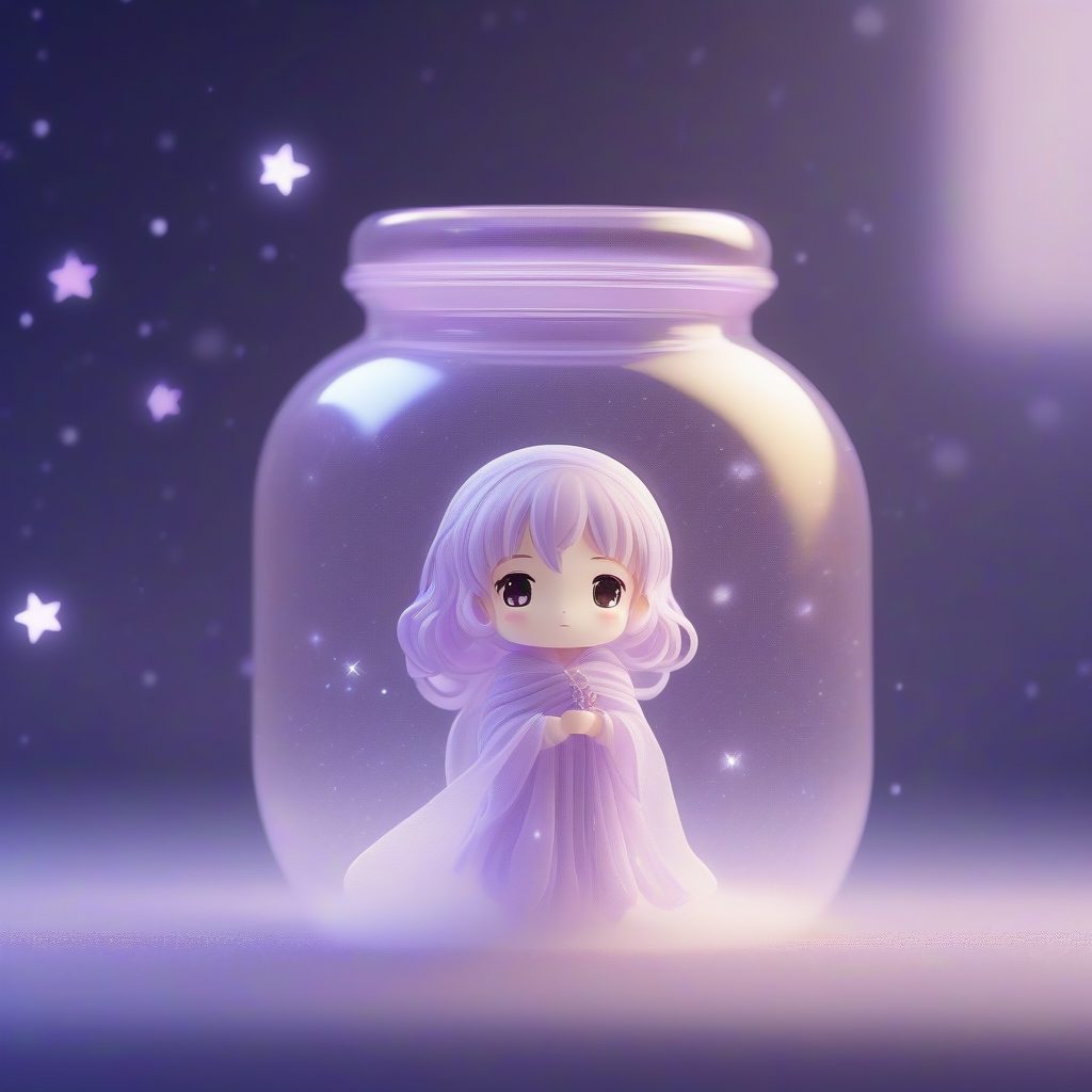 星尘捕手Q版：治愈系梦幻角色全身图，丁香紫纯色背景AI绘画指令