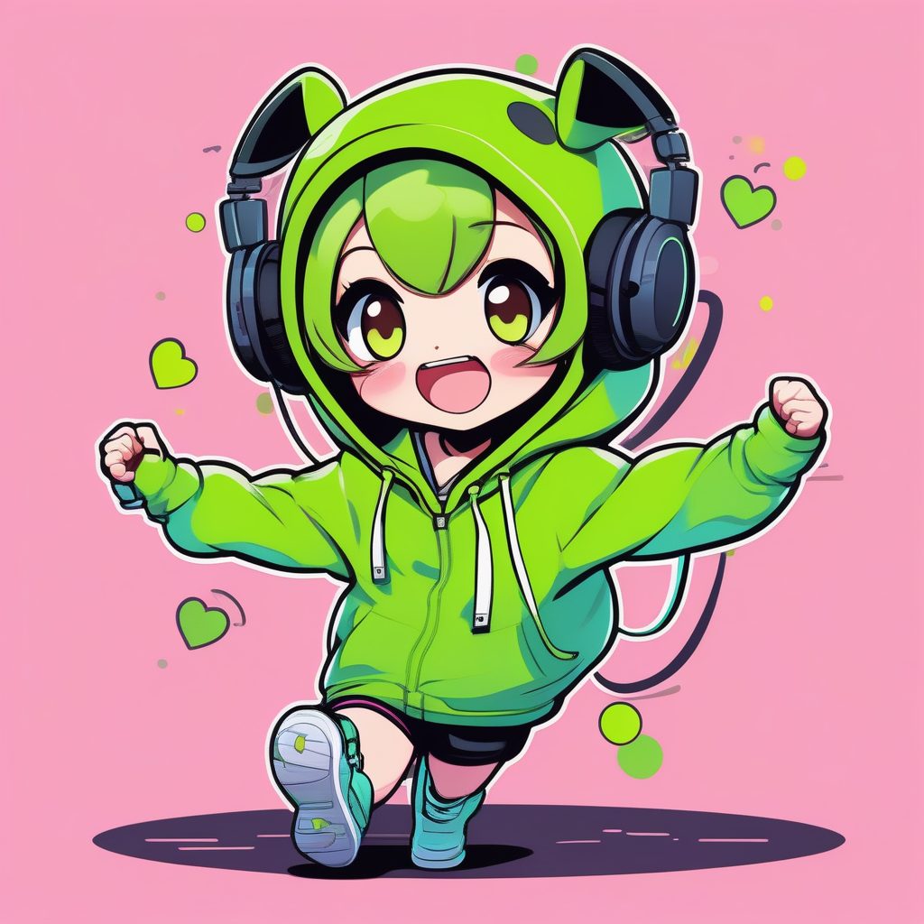 兴奋Q版游戏主播女孩：纯石灰绿背景全身极简插画