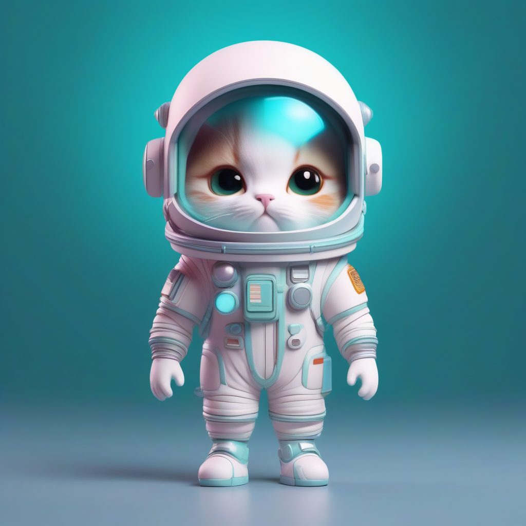 星际伙伴:宇航员与戴头盔太空猫的3D盲盒渲染