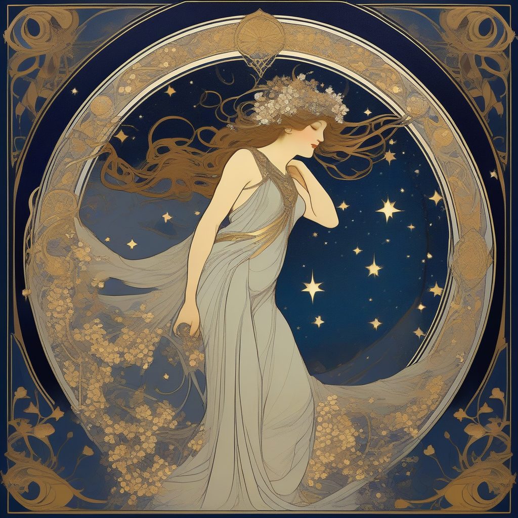 星月女神：穆夏风格的夜空与茉莉花环装饰艺术海报