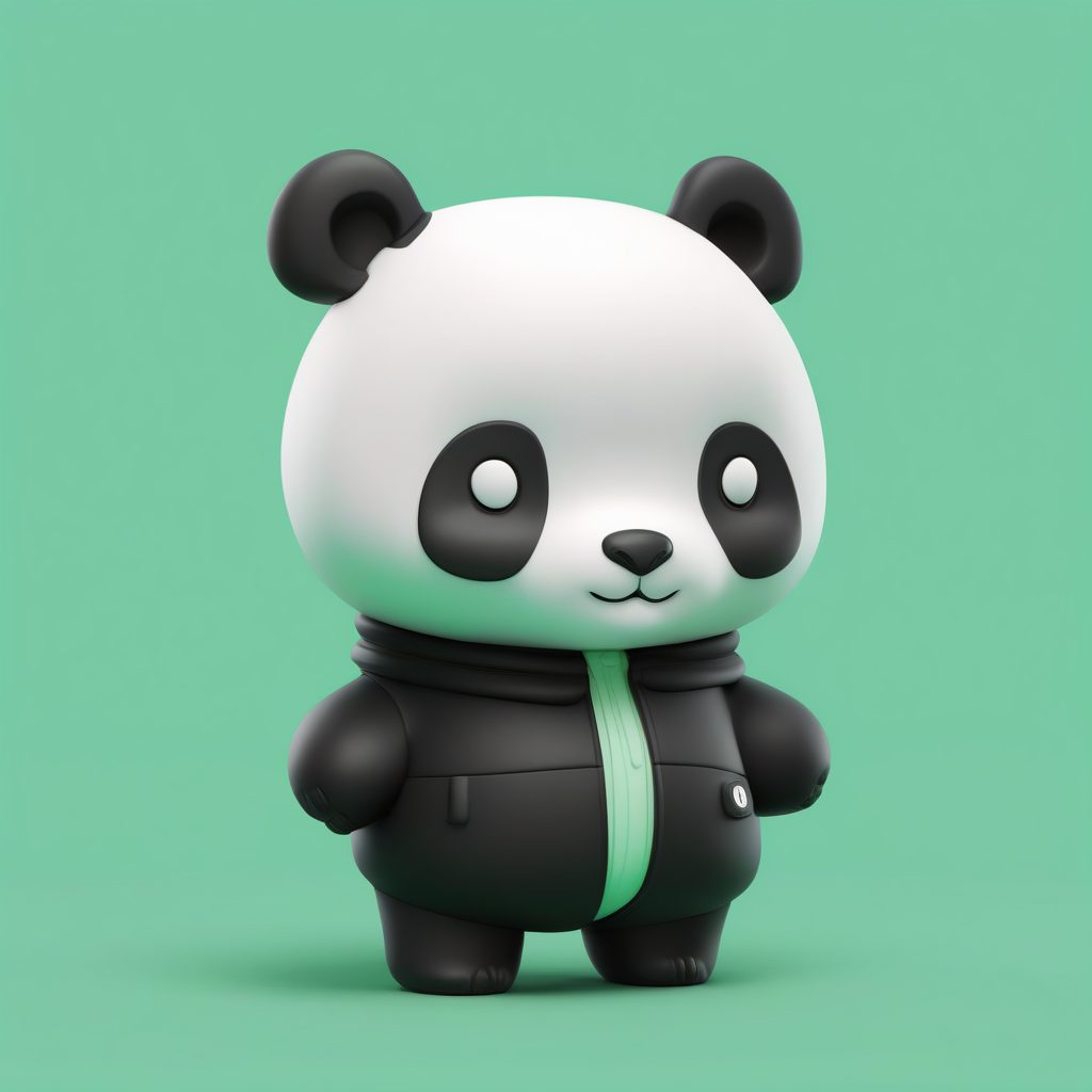 熊猫玩偶Q版：3D粘土全身站立渲染，清新薄荷绿纯色背景AI提示词