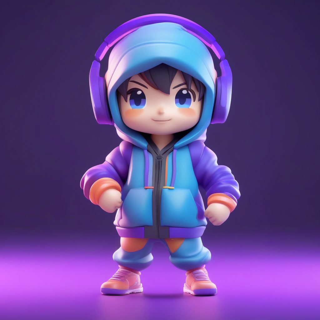 炫酷电竞风：戴耳机Q版男孩3D渲染图，纯紫色背景突出主体