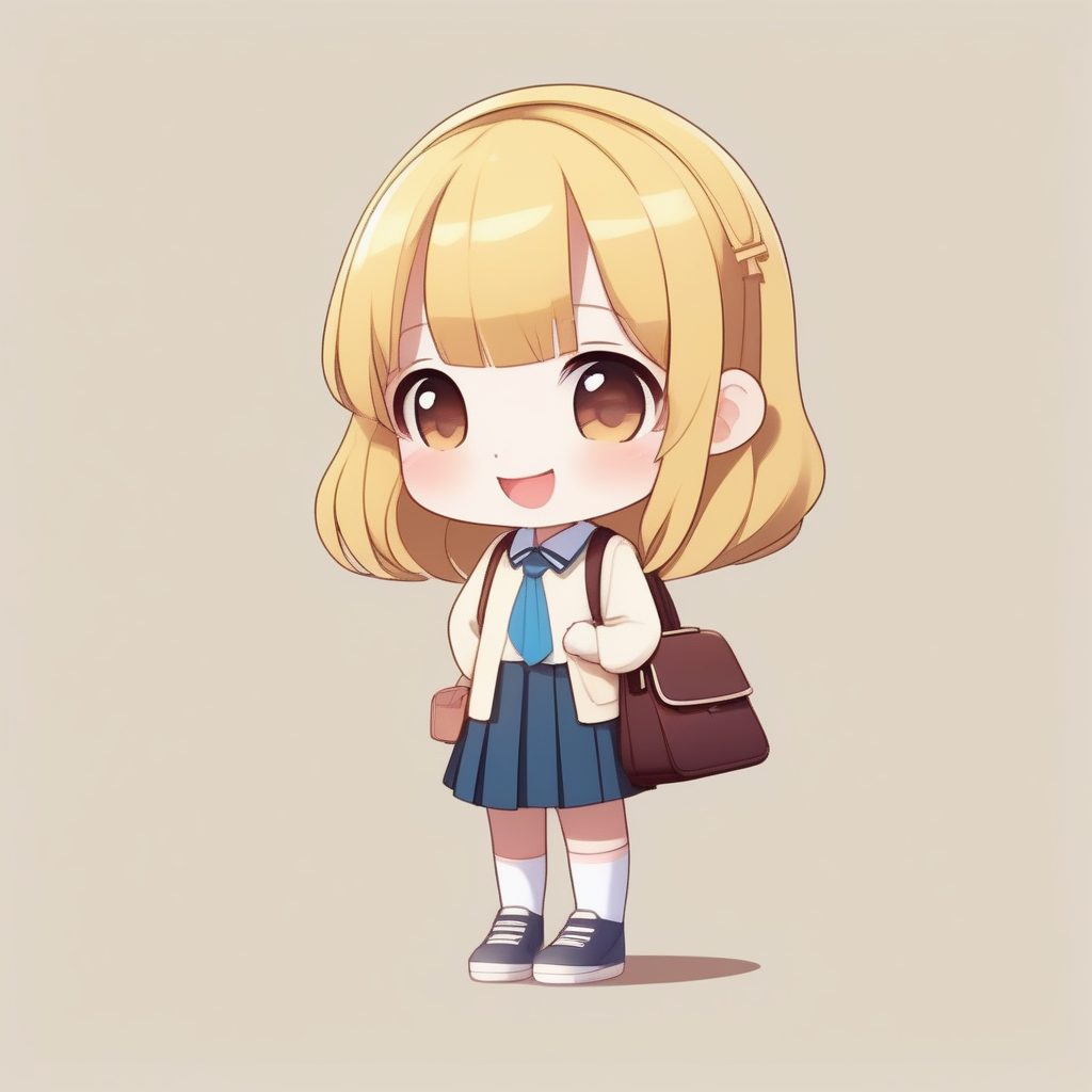 学院风时尚Q版学生：褶裙与设计感手袋的全身特写