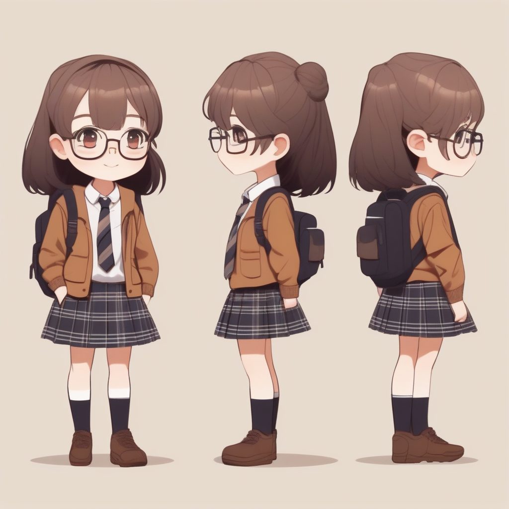 学院轻盈Q版:Dark Academia格子裙和领带,全身知性站姿AI图