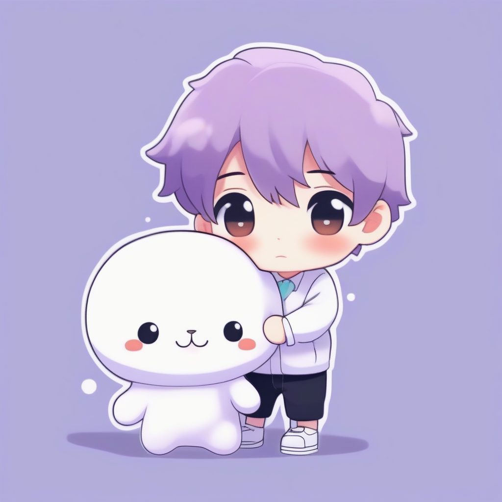 薰衣草背景下：拥抱云朵毛绒玩具的Q版男孩噘嘴全身图