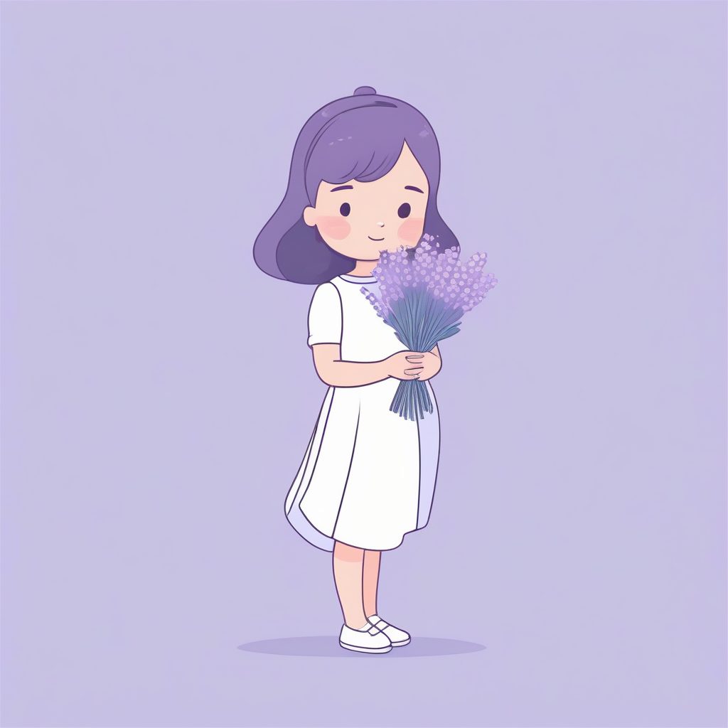 薰衣草女孩：极简主义Q版全身站立插画，柔和阴影提示词