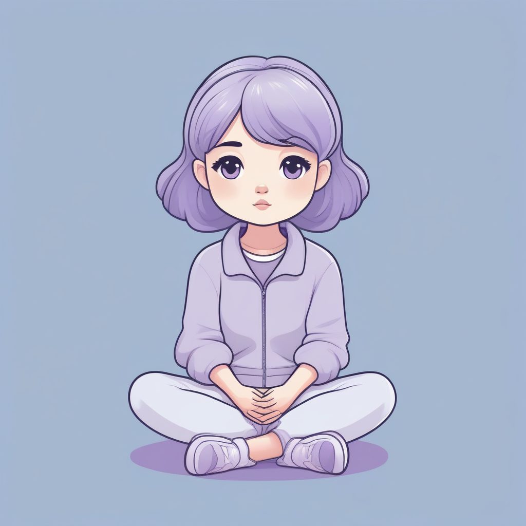 薰衣草色调：Q版女孩沉思全身坐姿，极简柔和线条