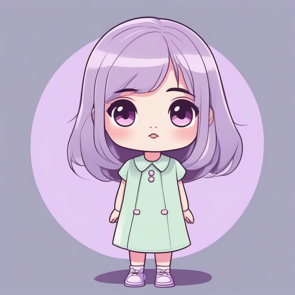 薰衣草色调：Q版女孩困惑歪头姿势极简插画提示词