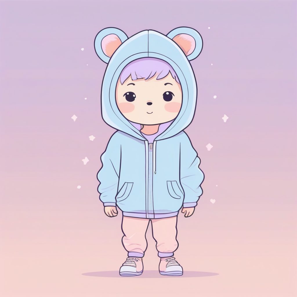 薰衣草色小熊帽衫男孩：治愈系Q版，柔和圆润线条AI画作