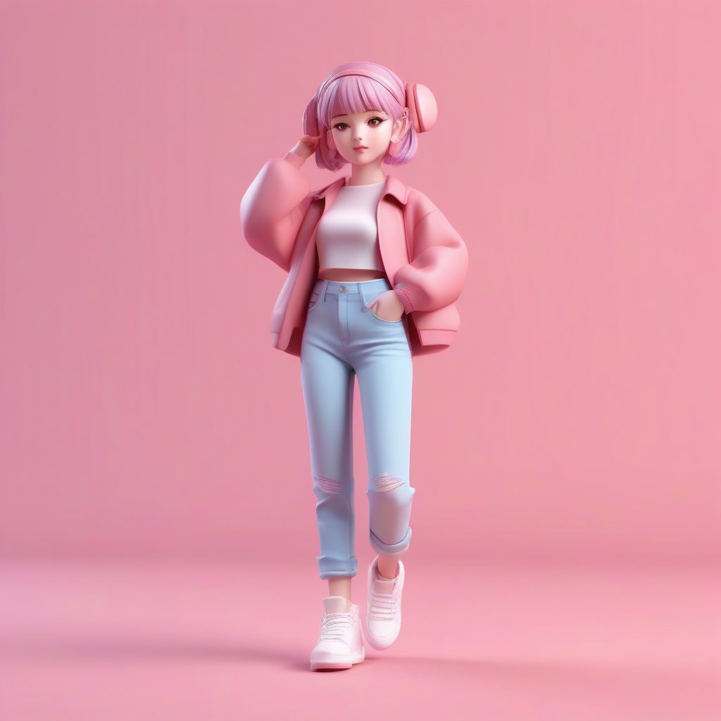 Y2K流行偶像Q版：高饱和配色3D手办全身渲染，亮品红背景