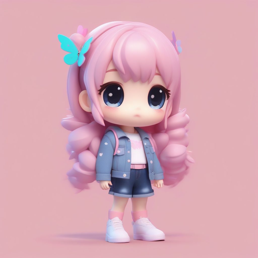 Y2K千禧潮流Q版:低腰牛仔和蝴蝶发夹,复古感全身照AI提示词