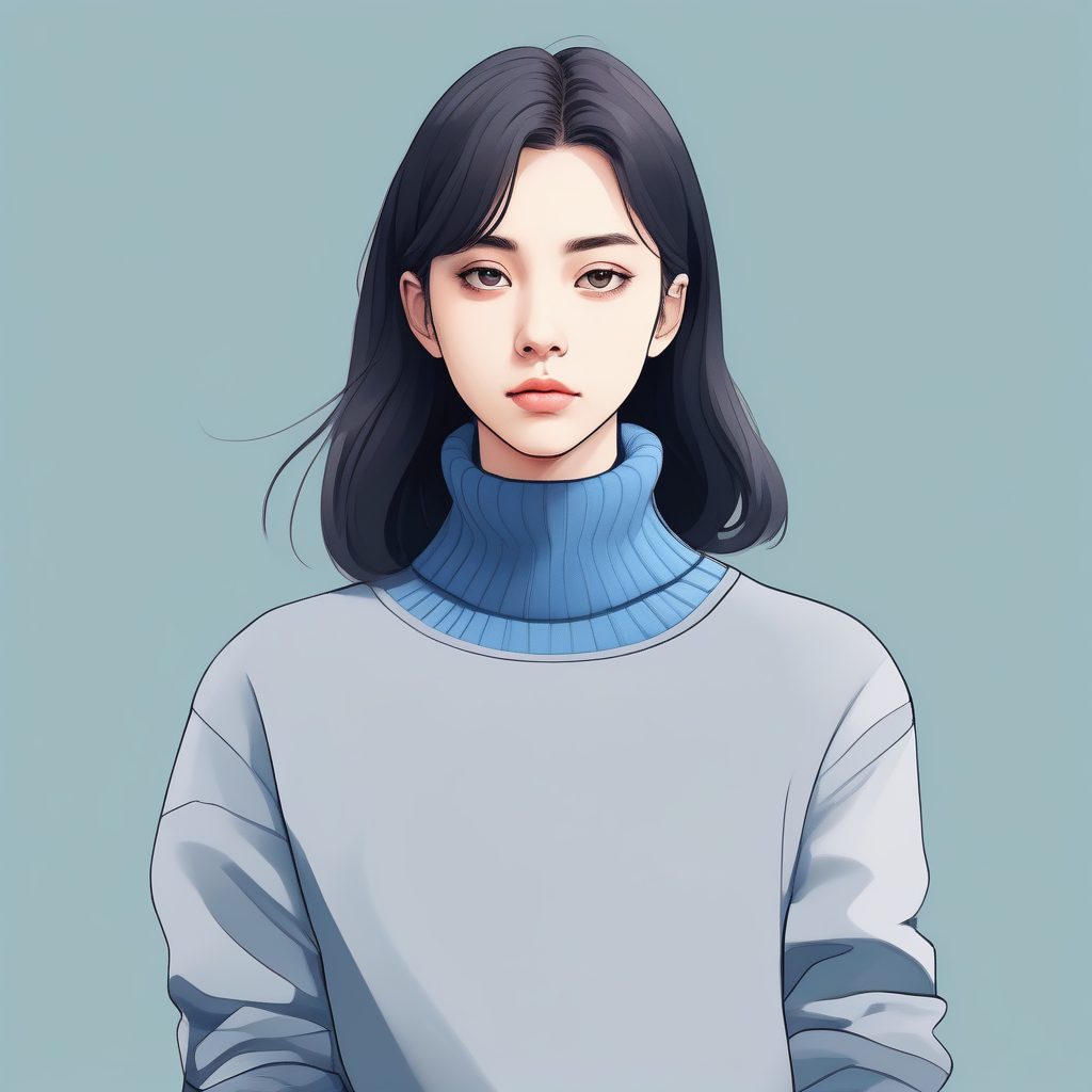 严肃表情的高领少女：冷色调的赛璐珞纯色人像