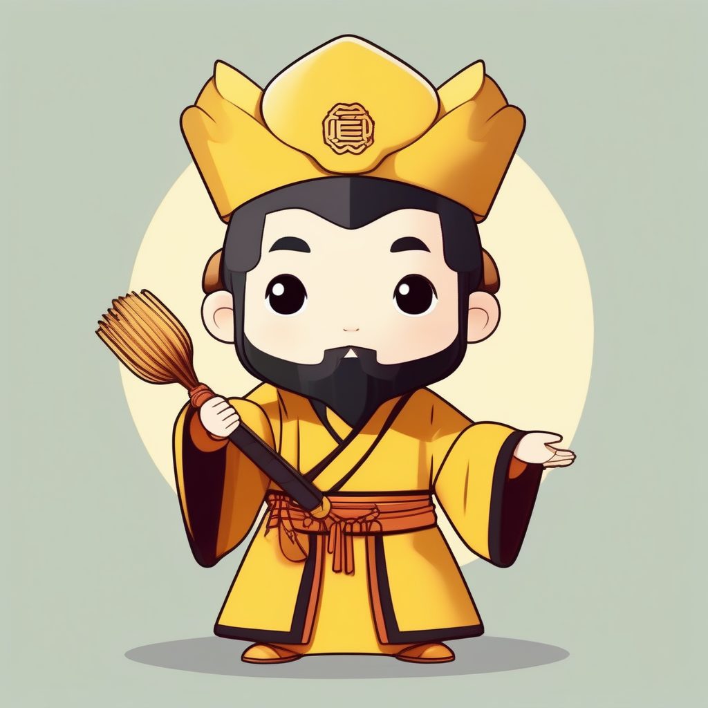 严肃小道士Q版全身图:手持拂尘,黄色纯色背景 9 严肃小道士Q版全身图:手持拂尘,黄色纯色背景