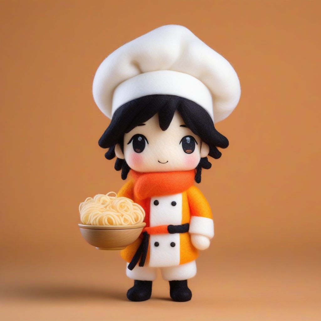 羊毛毡拉面大师Q版：极致纹理感的手工艺术全身渲染，焦橙色纯背景