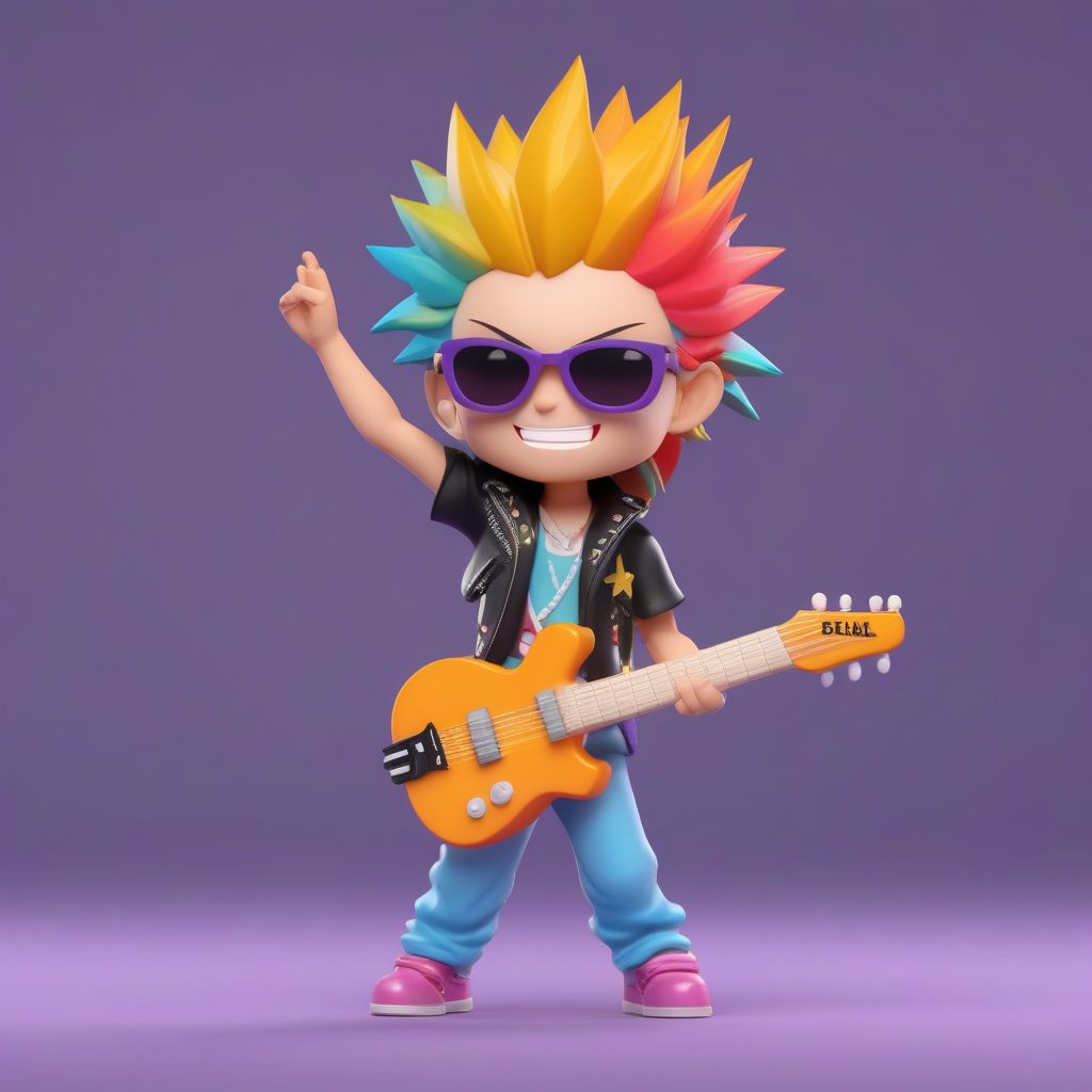 摇滚明星Q版男孩：3D粘土盲盒造型与电吉他渲染