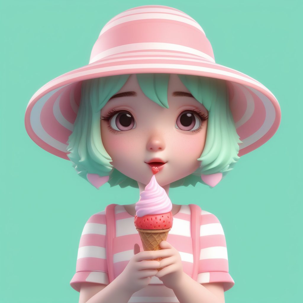 一个3D渲染C4D极简Q版公仔:拿着冰淇淋的夏天女孩