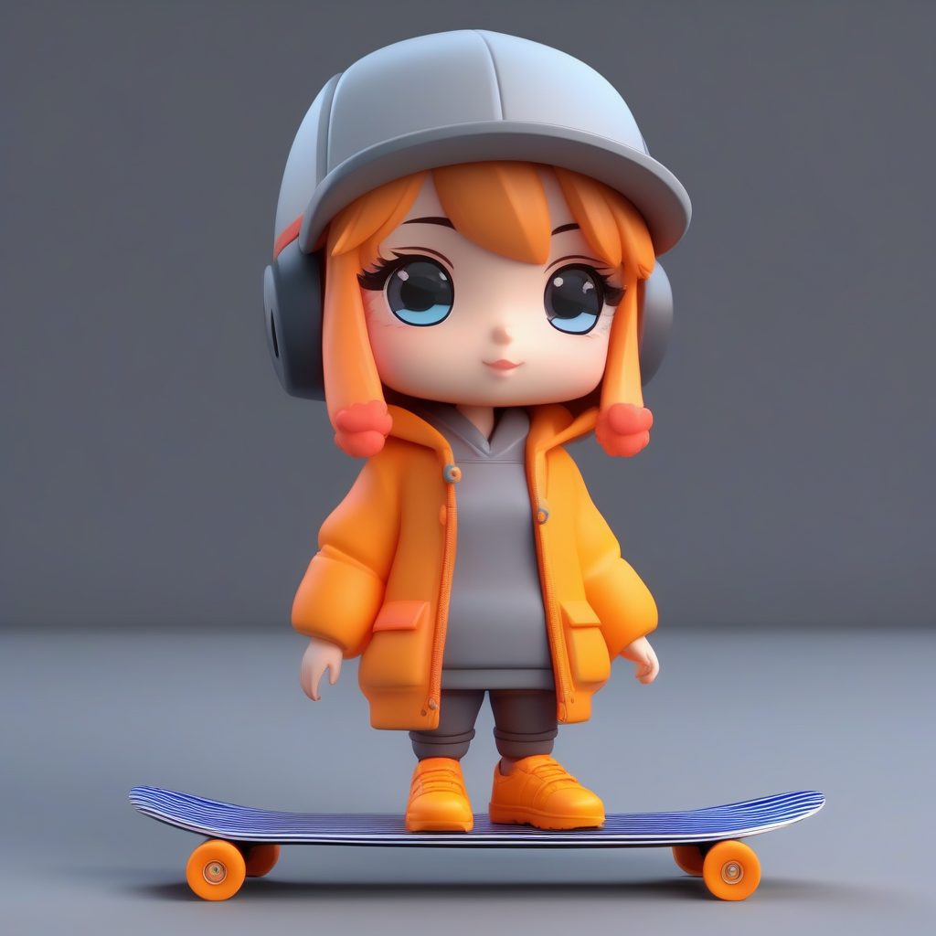 一个C4D极简Q版卡哇伊盲盒：拿着滑板的酷女孩