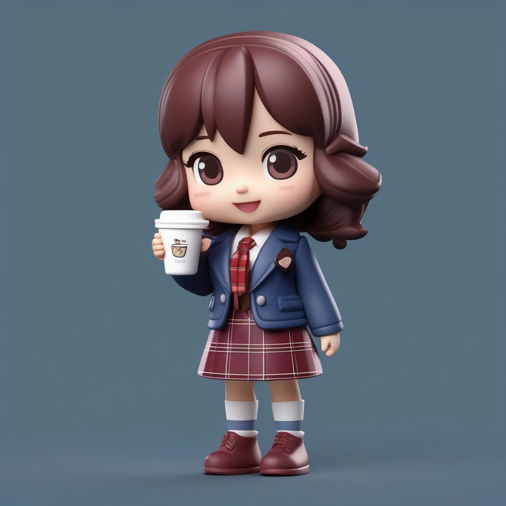 一个C4D极简Q版盲盒：拿着咖啡杯的格子裙女孩