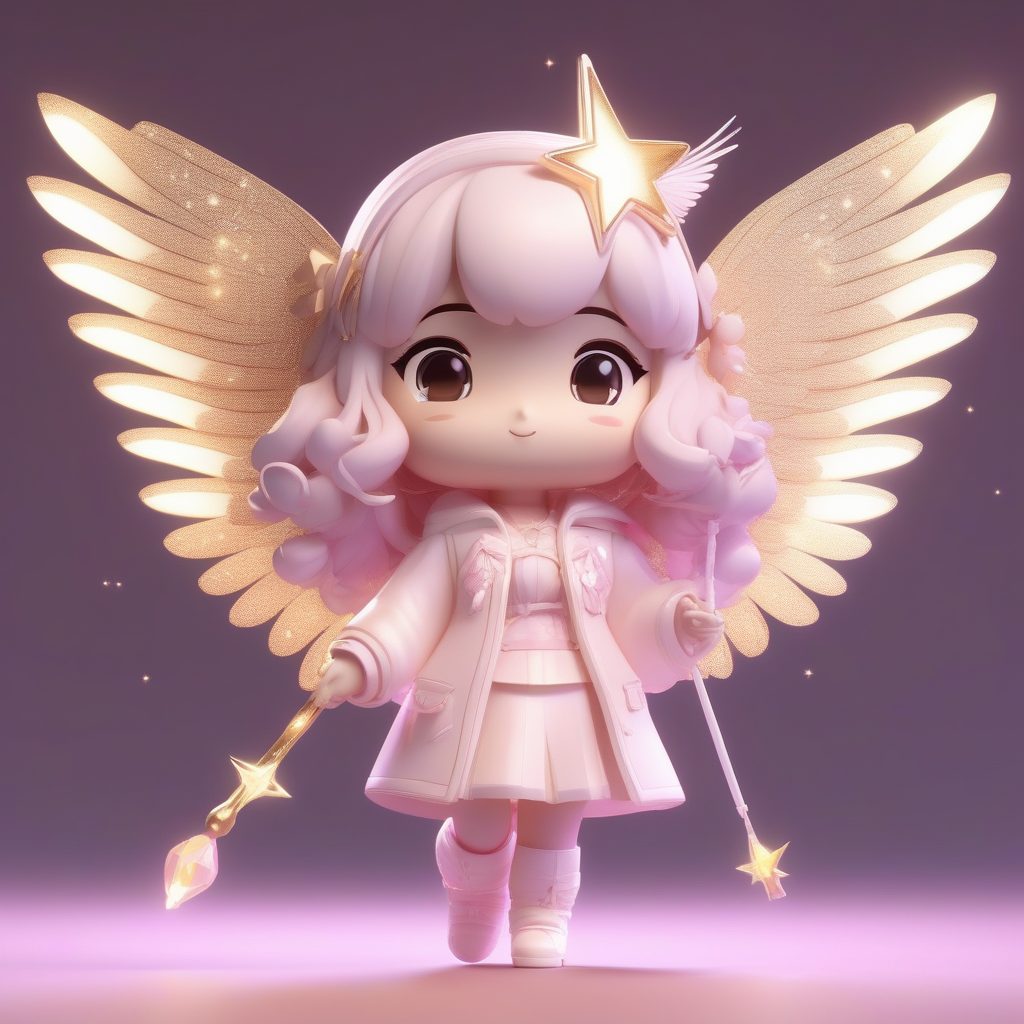 一个C4D极简Q版盲盒：拿着星星魔法棒的精灵女孩