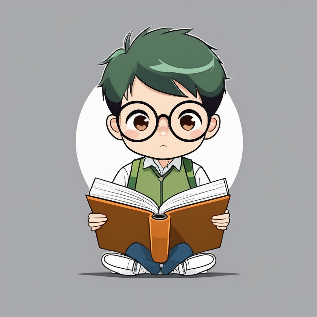 一个极简动漫Q版书呆子男孩,全身阅读特写 1 一个极简动漫Q版书呆子男孩,全身阅读特写