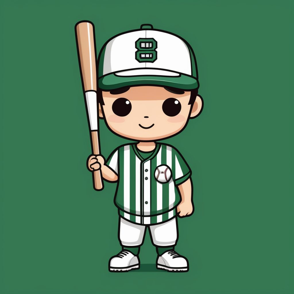 一个极简Q版棒球运动员男孩，森林绿纯背景