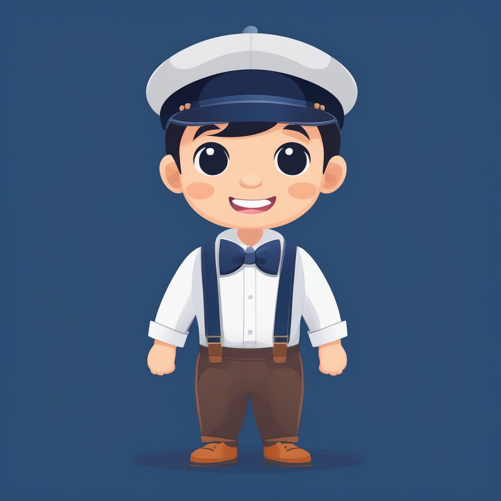 一个极简Q版报童男孩,海军蓝纯背景