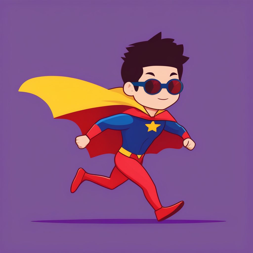 一个极简Q版超级英雄男孩，紫色纯背景