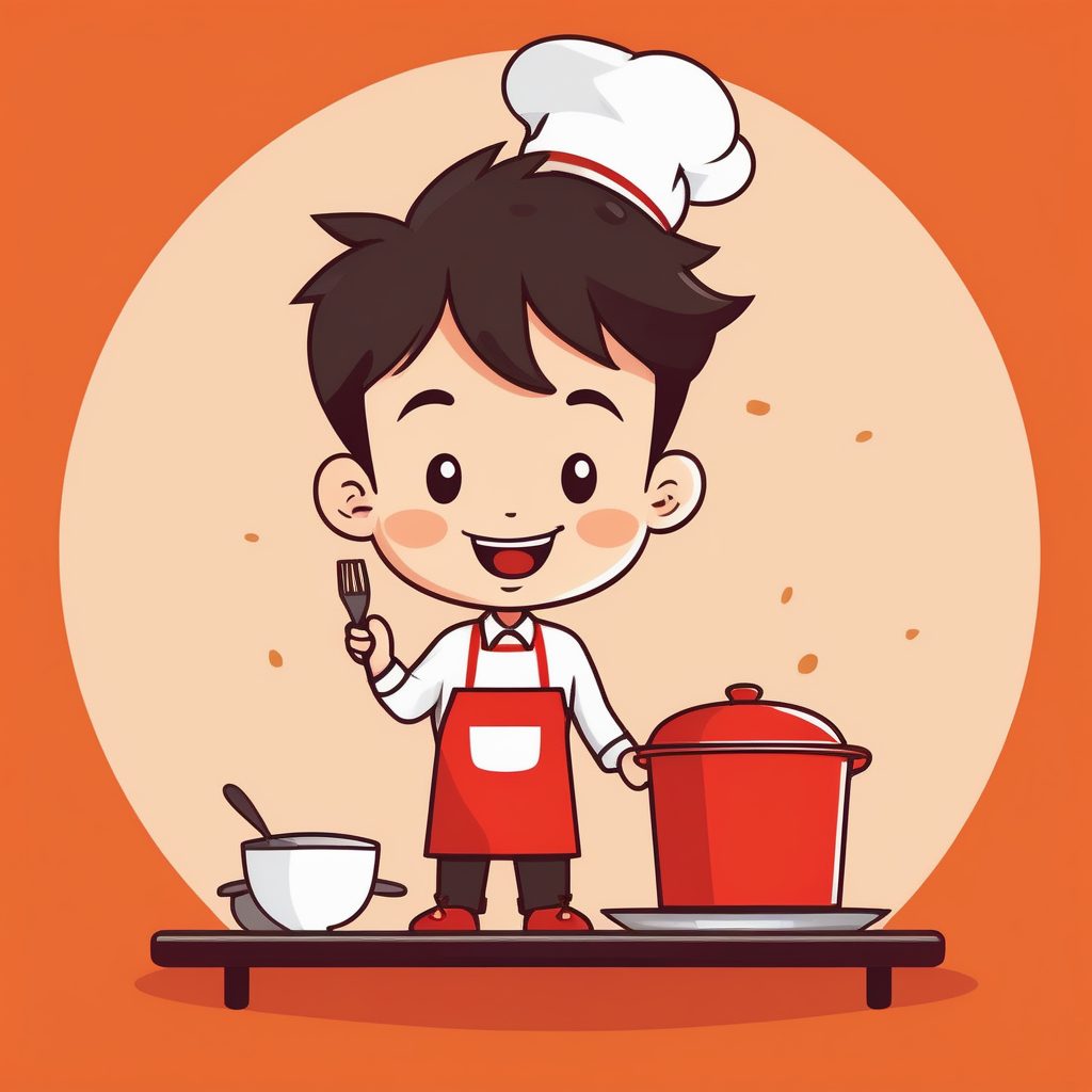 一个极简Q版厨师围裙男孩，橘红纯背景