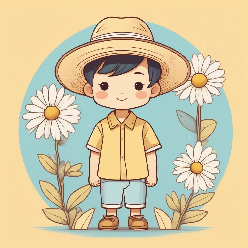 一个极简Q版戴草帽的男孩，淡黄色纯背景
