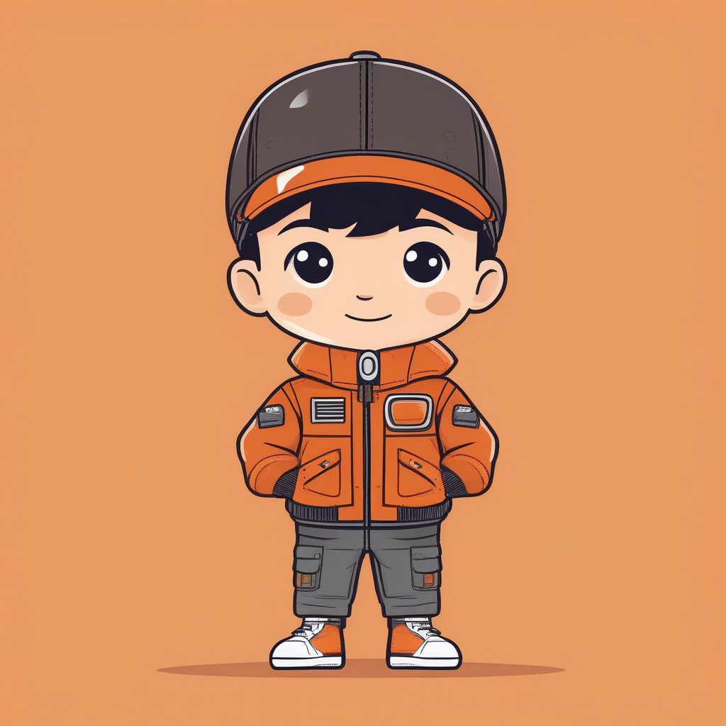 一个极简Q版飞行夹克男孩，柔和橙纯背景