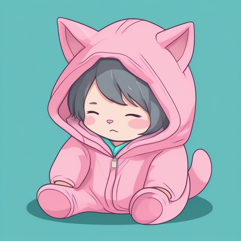 一个极简Q版粉色猫咪连体衣男孩，青色纯背景