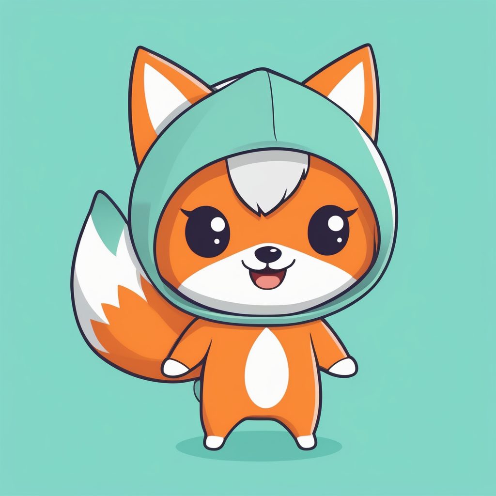 一个极简Q版狐狸连体衣男孩，薄荷蓝纯背景