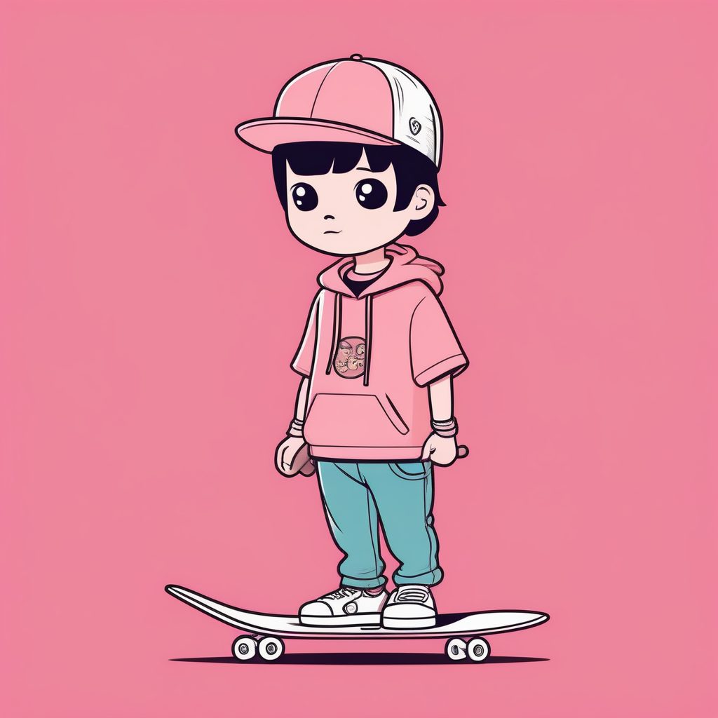 一个极简Q版滑板男孩，玫瑰粉纯背景