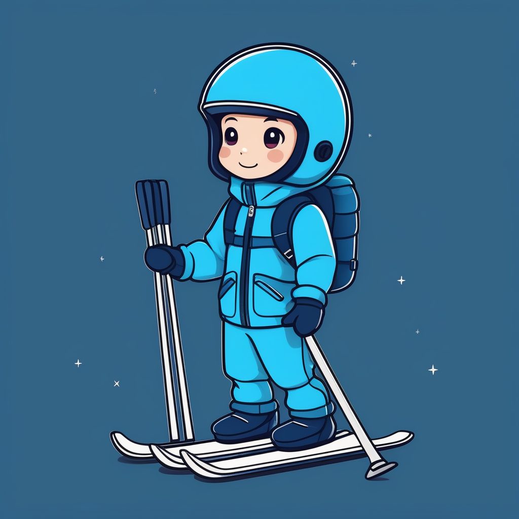 一个极简Q版滑雪服男孩，深蓝纯背景
