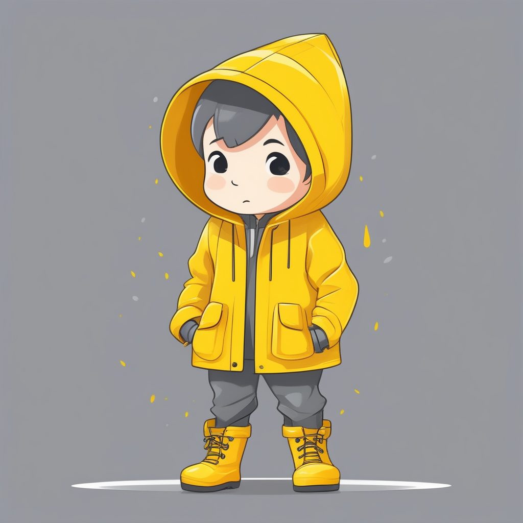 一个极简Q版黄色雨衣男孩，灰色纯背景