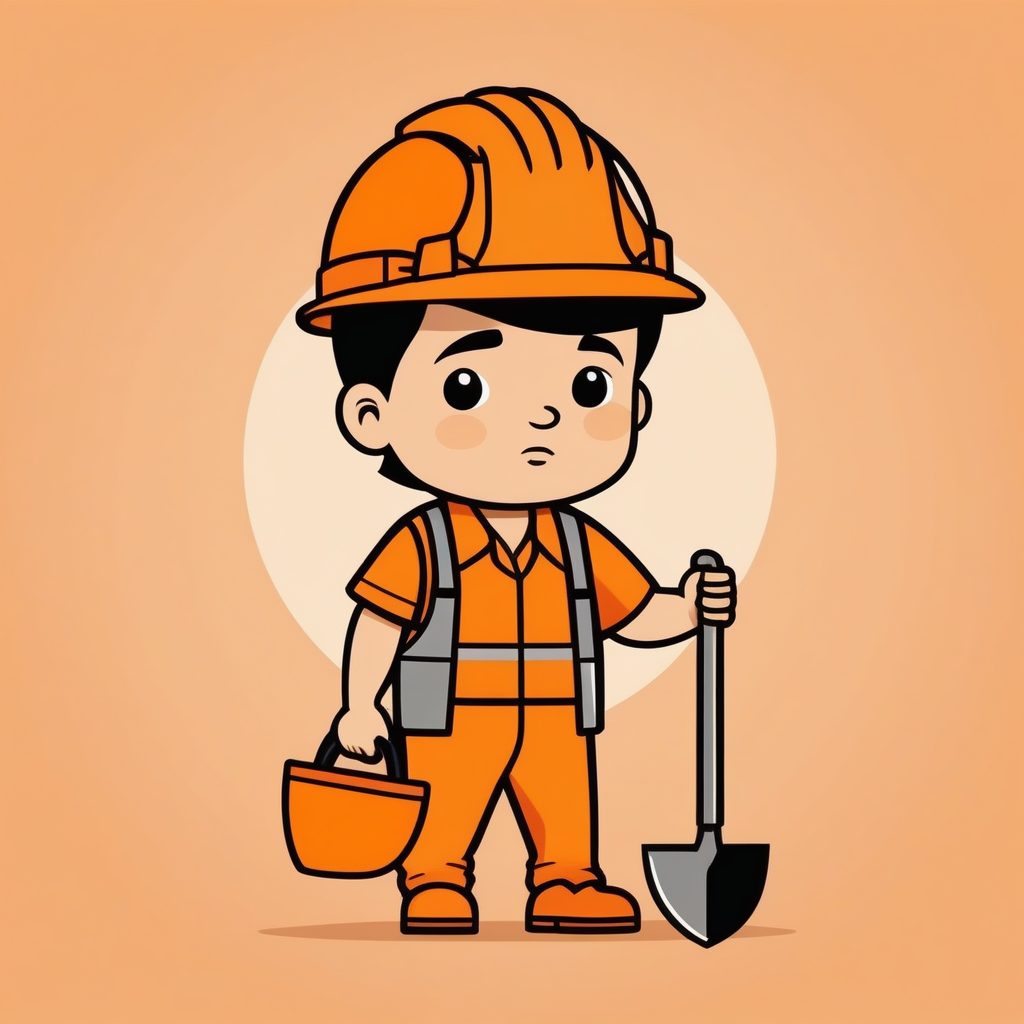 一个极简Q版建筑工人男孩，橙色纯背景