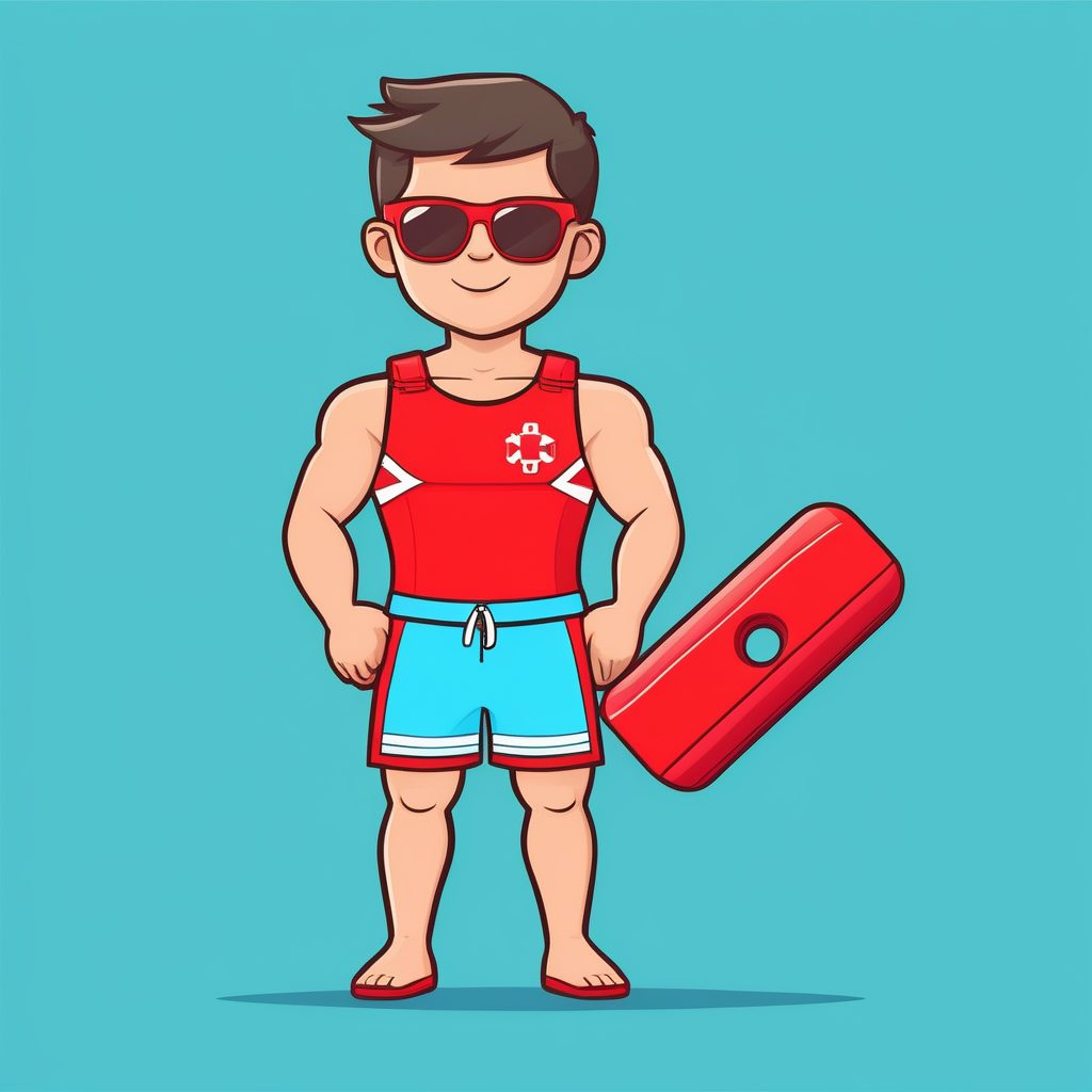 一个极简Q版救生员男孩，霓虹蓝纯背景