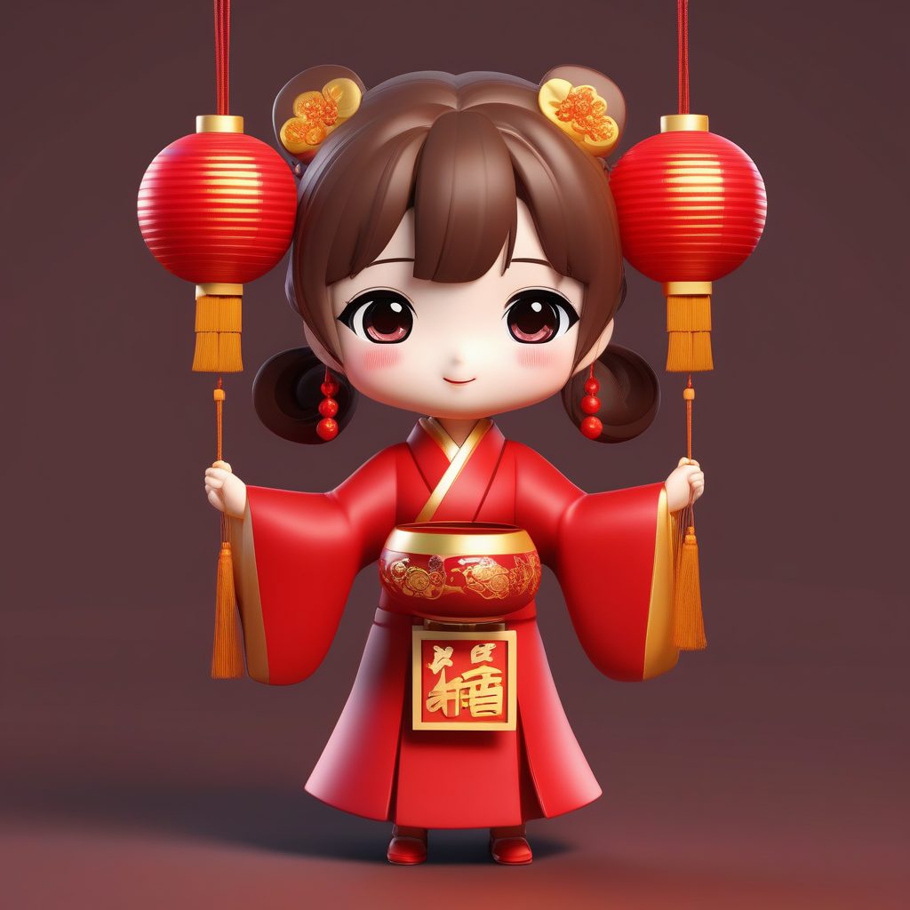 一个极简Q版卡哇伊粘土公仔：拿着灯笼的元宵女孩