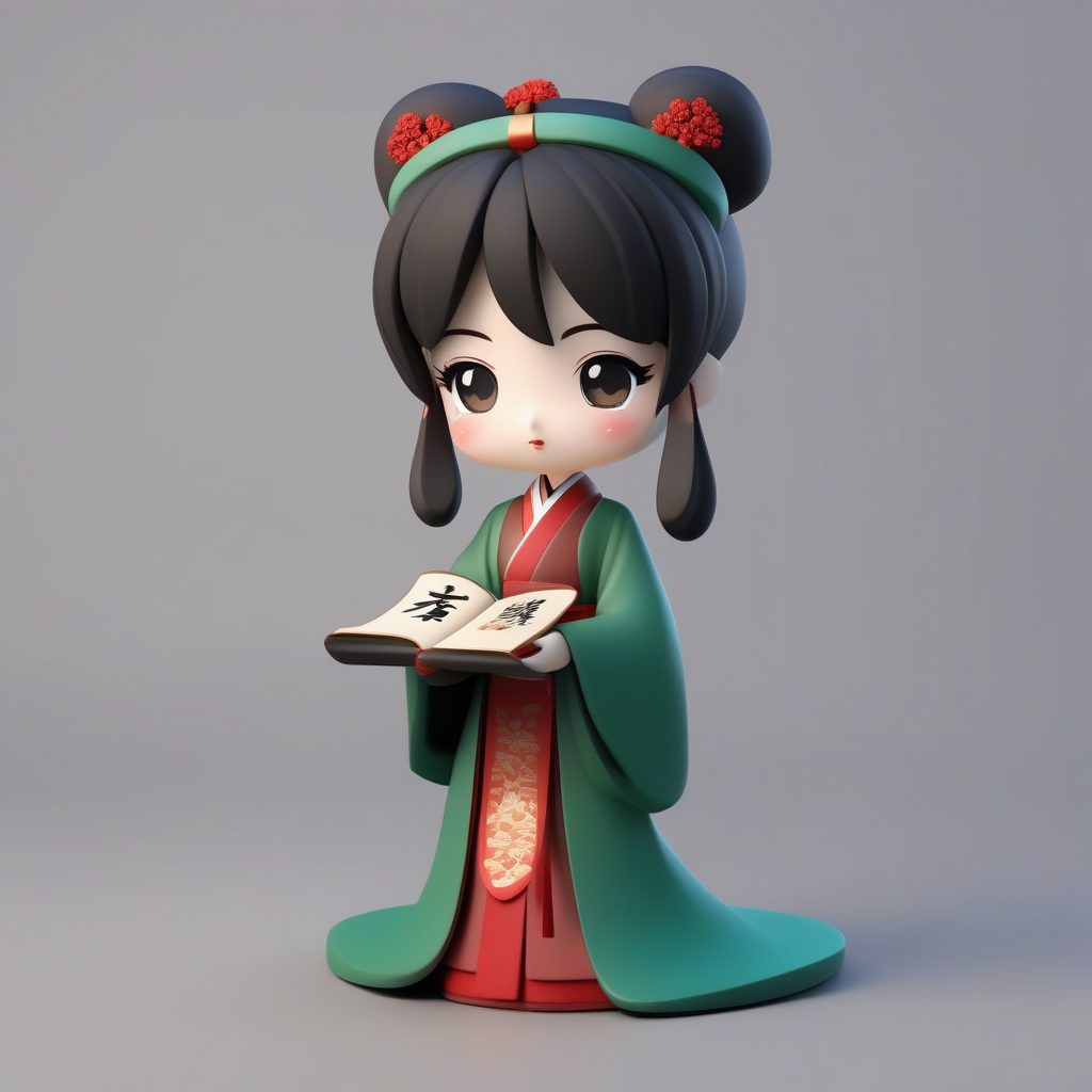 一个极简Q版卡哇伊粘土公仔：拿着画卷的书法家女孩