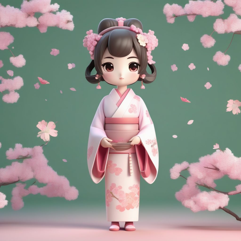 一个极简Q版卡哇伊粘土公仔：樱花和服女孩