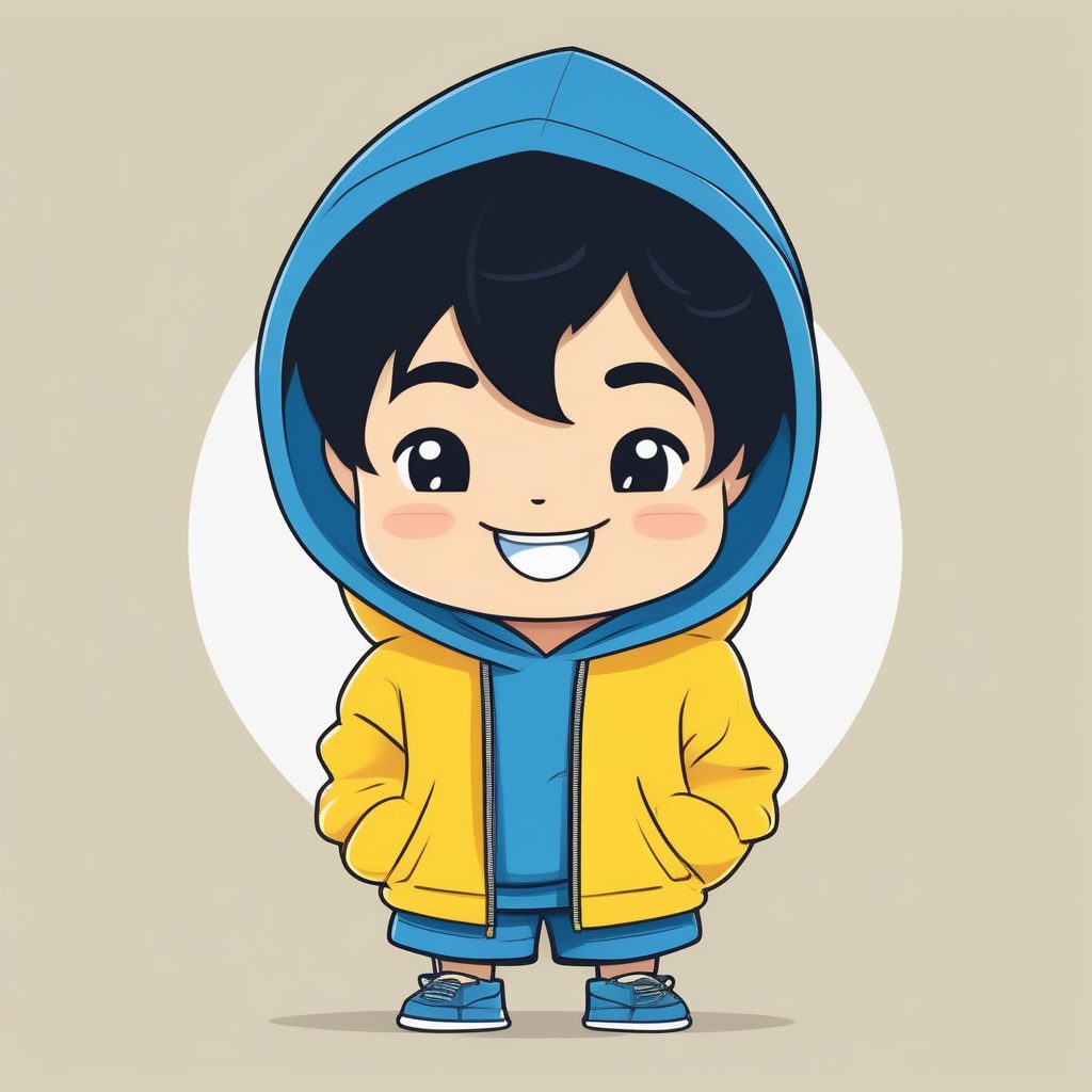 一个极简Q版蓝色连帽衫男孩，黄色纯背景