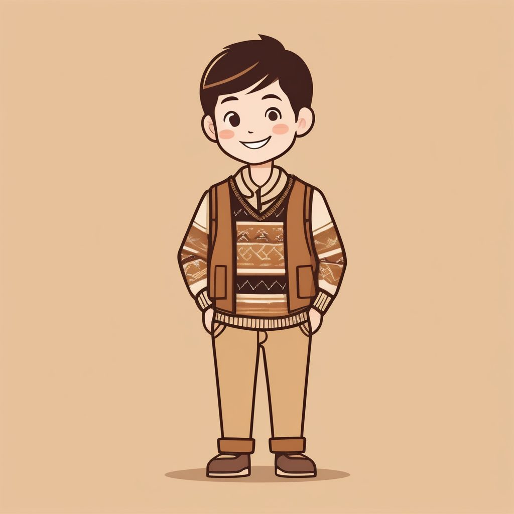 一个极简Q版毛衣背心男孩,棕色纯背景