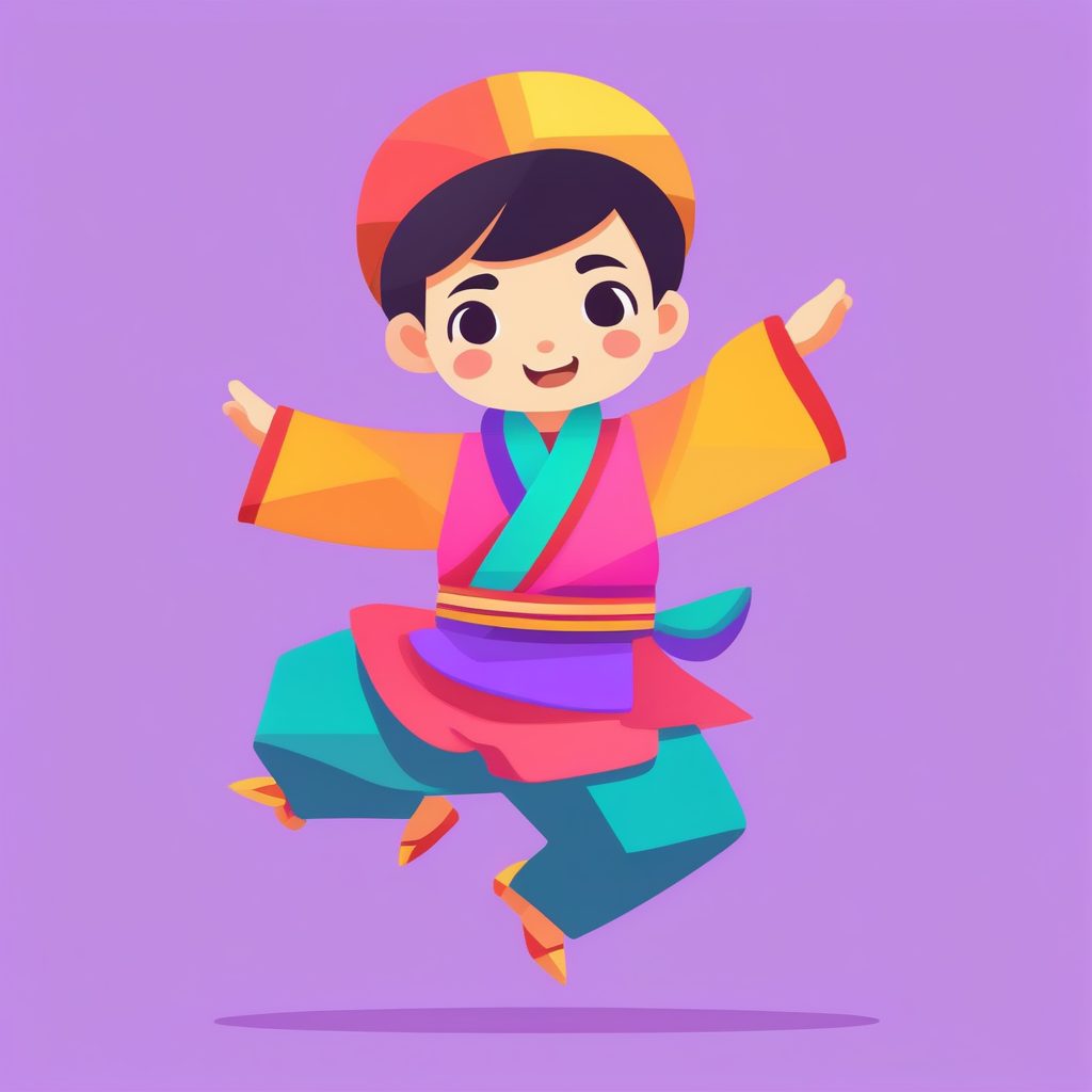 一个极简Q版民族舞男孩，丁香紫纯背景