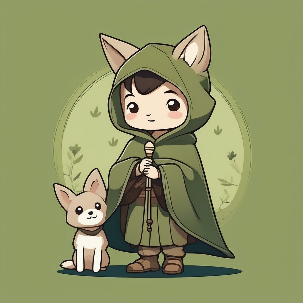 一个极简Q版牧羊男孩,橄榄绿纯背景