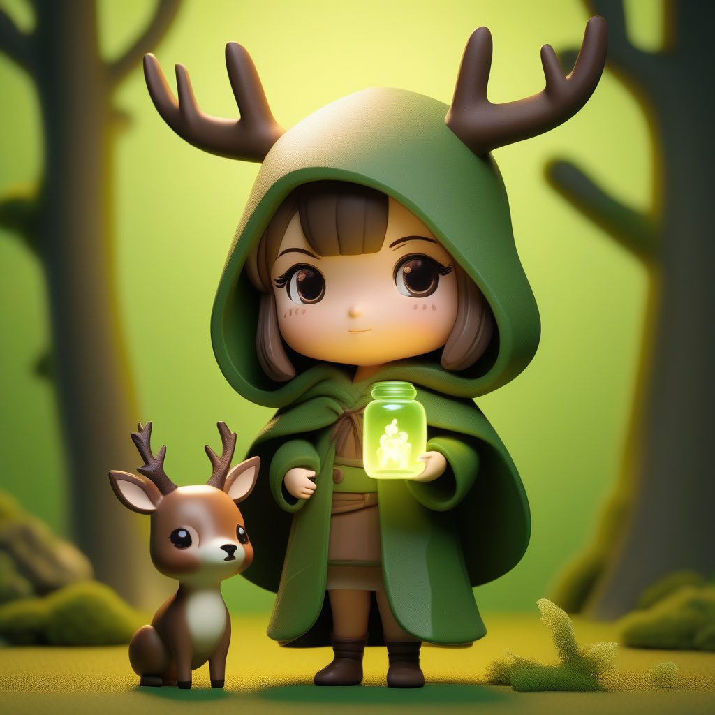 一个极简Q版粘土公仔：戴着鹿角的森林女孩