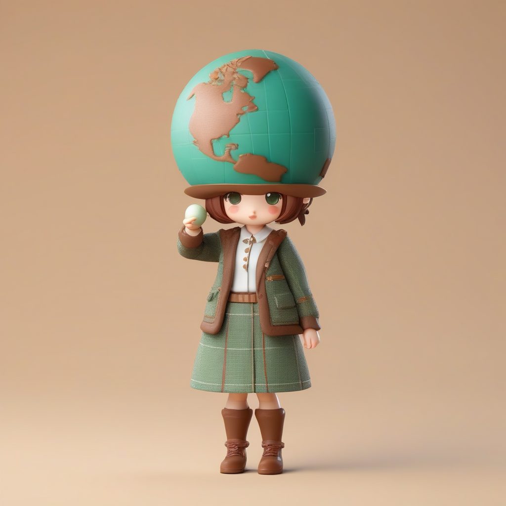 一个极简Q版粘土公仔：拿着地球仪的地理学家女孩