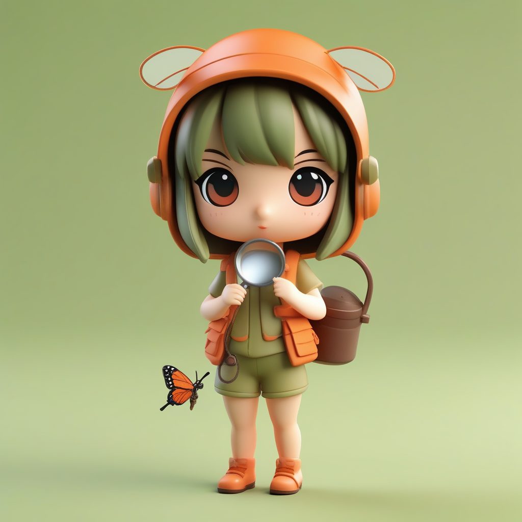 一个极简Q版粘土公仔：拿着放大镜的昆虫学家女孩