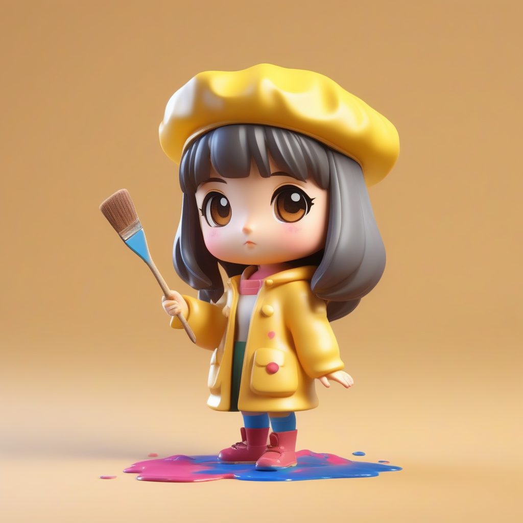 一个极简Q版粘土公仔：拿着画笔的小画家女孩